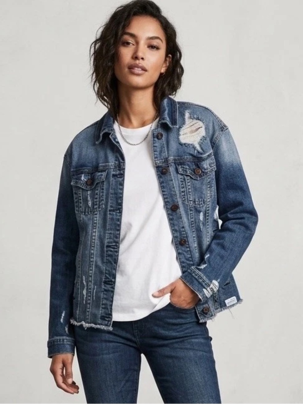 Hollister Distressed Denim Jacket Women’s Small Blue Button Down Trucker Raw Hem